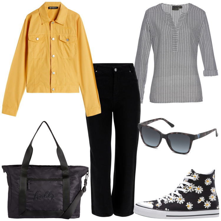 Outfit donna - Sneakers alte. Stile Casual per Tutti i giorni. Abbinamento con tuniche, sneakers alte, jeans dritti, borse tote, blazer, occhiali da sole.