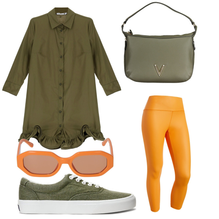 Outfit donna - La maxi camicia con le sneakers. Stile Sporty chic per Tutti i giorni. Abbinamento con vestiti corti, treggings, sneakers, occhiali da sole, borse a spalla.