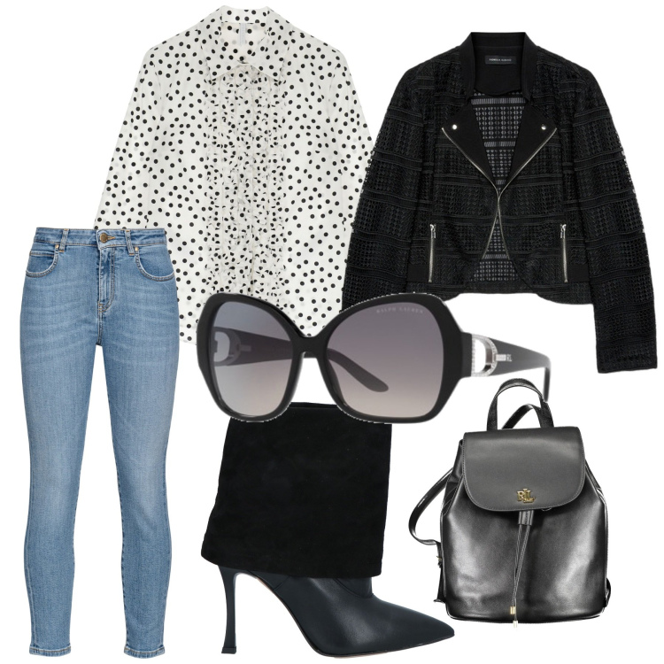 Outfit donna - Con gli occhiali da sole. Stile Trendy per Tutti i giorni. Abbinamento con stivaletti, jeans, camicie, occhiali da sole, zaini, blazer.