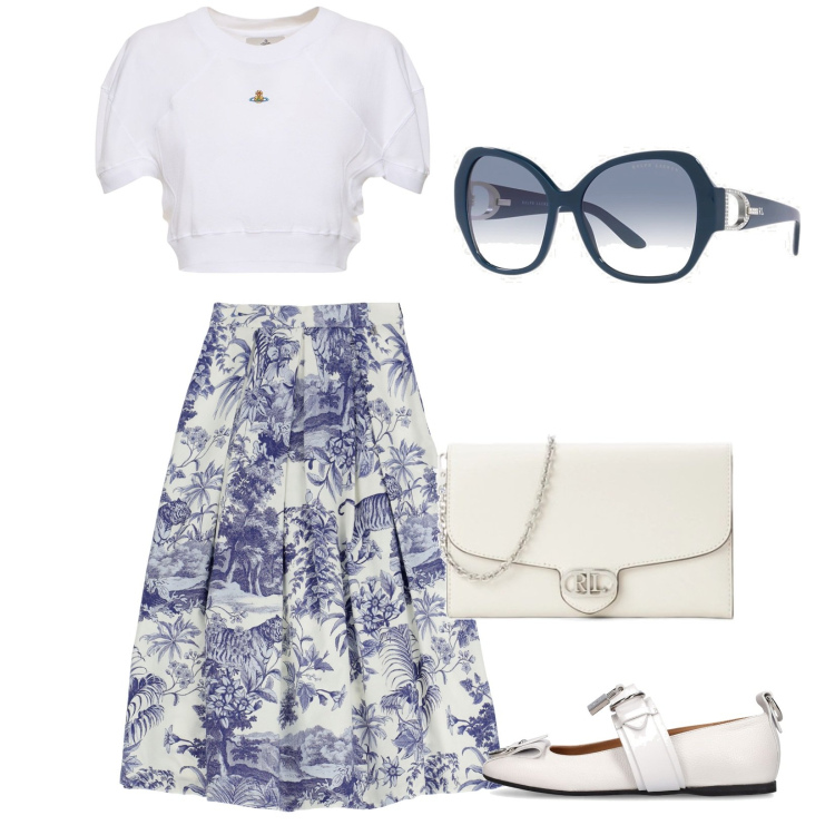 Outfit donna - Bon ton. Stile Bon Ton per Tutti i giorni. Abbinamento con gonne longuette, occhiali da sole, borse a tracolla, t-shirt, ballerine.