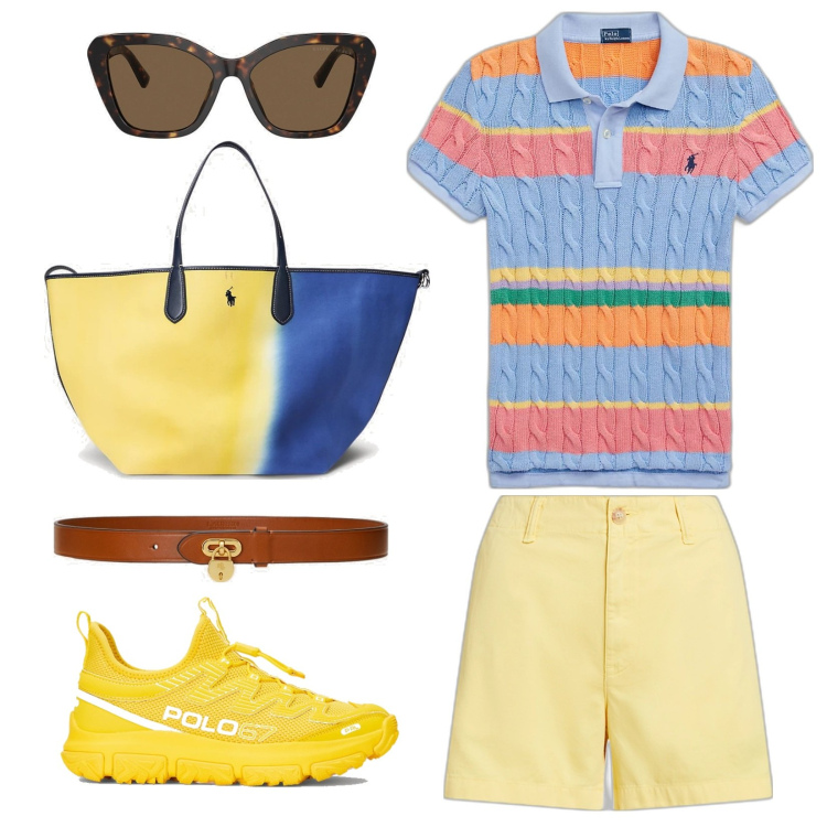 Outfit donna - Elegantemente sportiva. Stile Sporty chic per Tutti i giorni. Abbinamento con occhiali da sole, cinture, minigonne, sneakers, borse tote, polo.