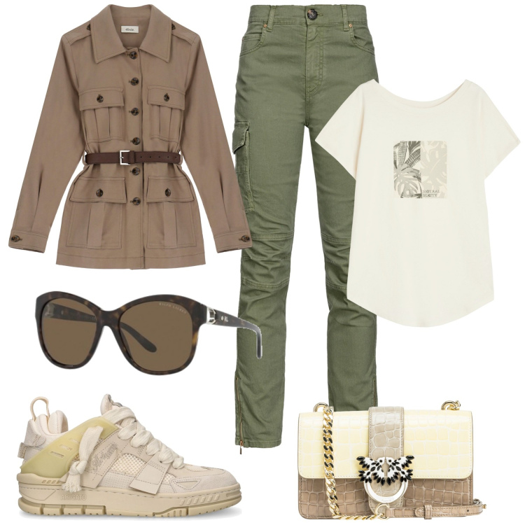 Outfit donna - Colorful sneakers. Stile Casual chic per Tutti i giorni. Abbinamento con pantaloni cargo, borse a tracolla, blazer, t-shirt, occhiali da sole, sneakers.