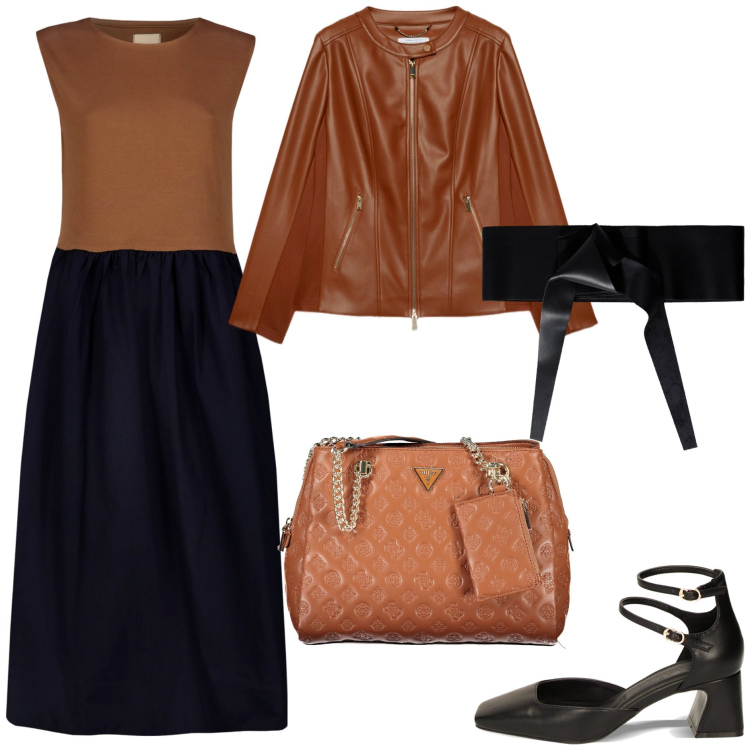 Outfit donna - Black&Brown. Stile Glamour per Tutti i giorni. Abbinamento con cinture, décolleté, vestiti midi/longuette, blazer, borse a spalla.