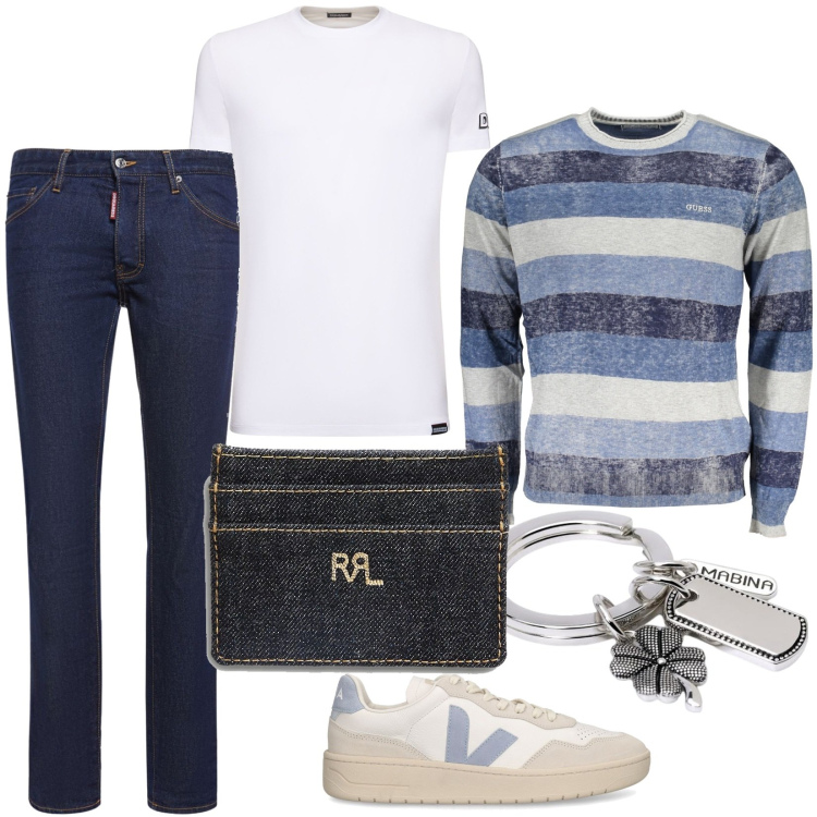 Outfit uomo - Maglia a righe Guess jeans. Stile Casual per Ufficio. Abbinamento con portachiavi, portafogli, jeans, maglieria, t-shirt, sneakers.