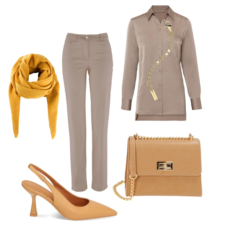 Outfit donna - Ufficio basic tortora & ocra. Stile Minimal per Ufficio. Abbinamento con foulard, pantaloni, camicie, collane, décolleté, borse a tracolla.