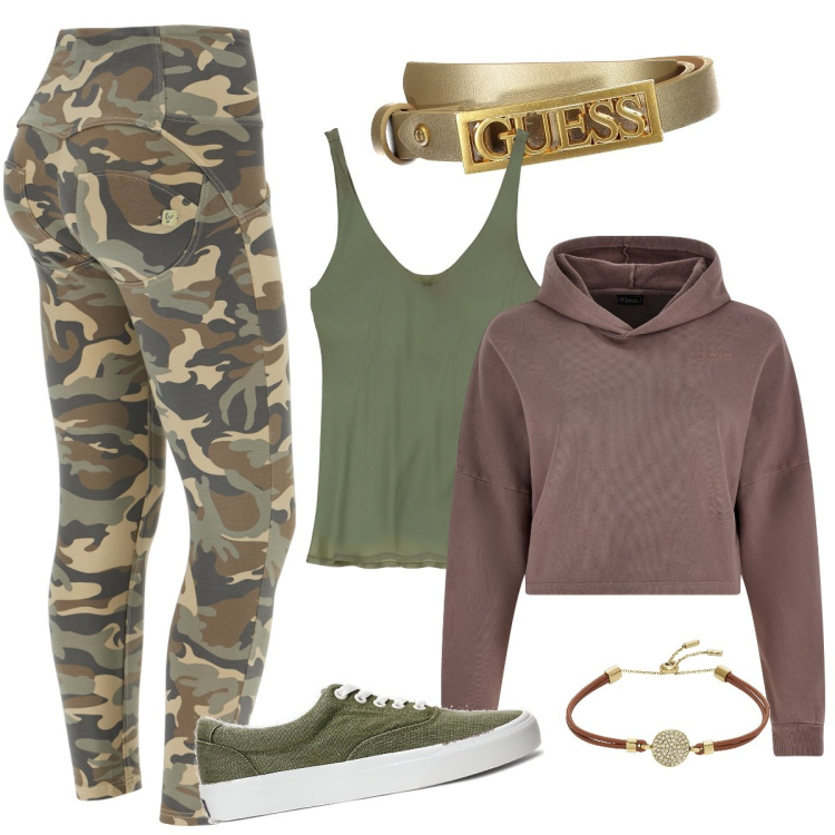 Outfit donna - Per ogni occasione. Stile Sporty chic per Tutti i giorni. Abbinamento con braccialetti, pantaloni skinny, felpe con cappuccio, canottiere, sneakers, cinture.
