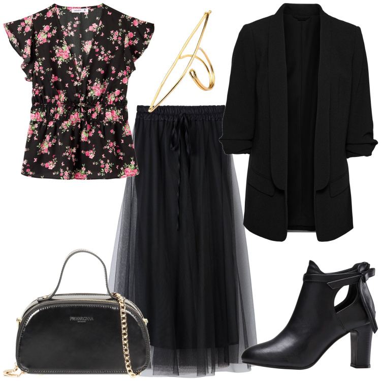 Outfit donna - Day & Night. Stile Trendy per Tutti i giorni. Abbinamento con blazer, stivaletti, gonne lunghe, bluse, borse a mano, anelli.