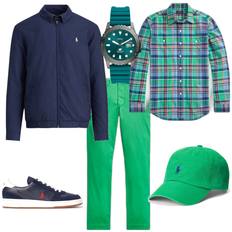 Outfit uomo - Casual verde blu. Stile Casual per Tutti i giorni. Abbinamento con orologi, cappelli, pantaloni, scarpe sportive, giacche, camicie.