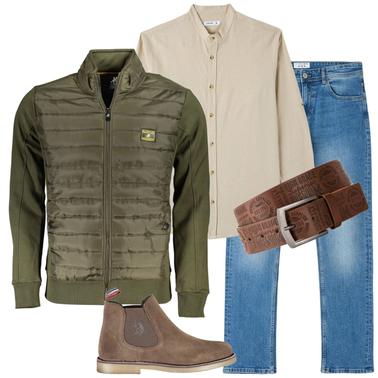 Outfit uomo - Verde+beige. Stile Casual per Tutti i giorni. Abbinamento con cinture, camicie, jeans dritti, giacche sportive, stivali.