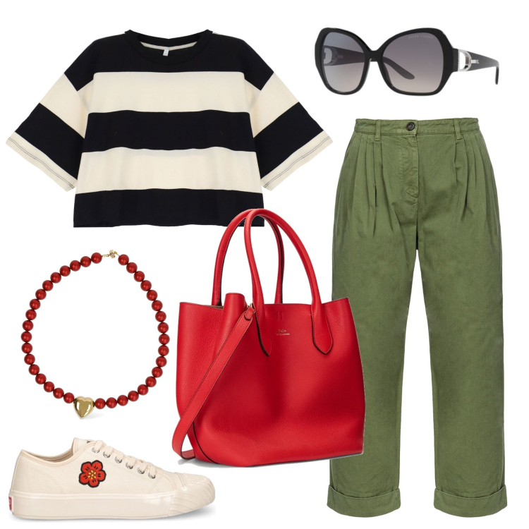 Outfit donna - Red Flower. Stile Casual chic per Tutti i giorni. Abbinamento con pantaloni, t-shirt, occhiali da sole, borse tote, sneakers, collane.