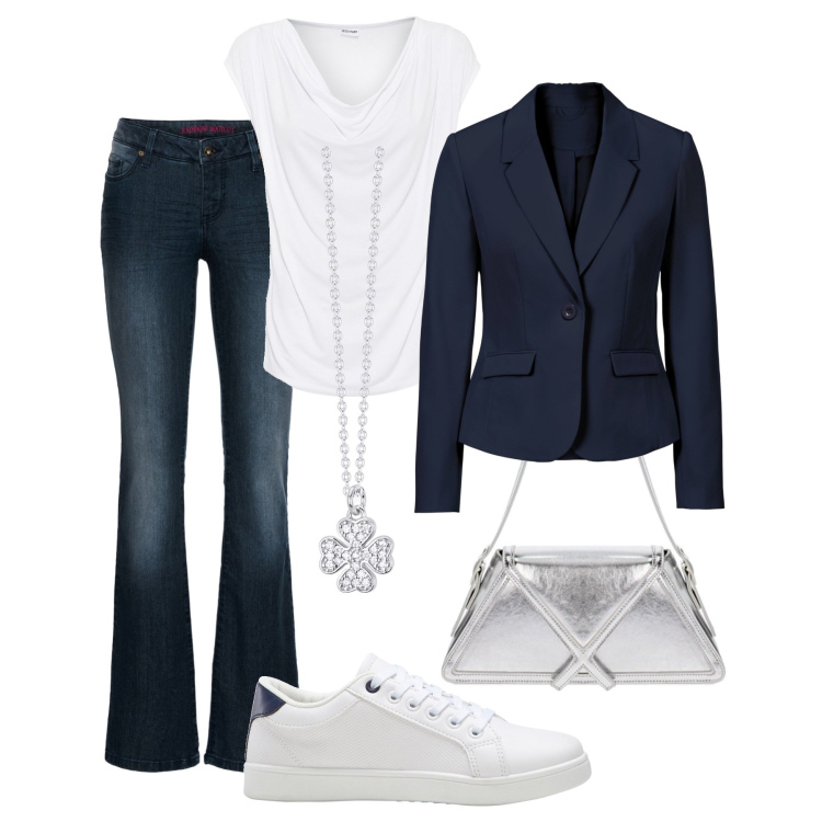 Outfit donna - Oggi sto comoda. Stile Basic per Tutti i giorni. Abbinamento con maglieria, blazer, jeans bootcut, sneakers, collane, borse a spalla.