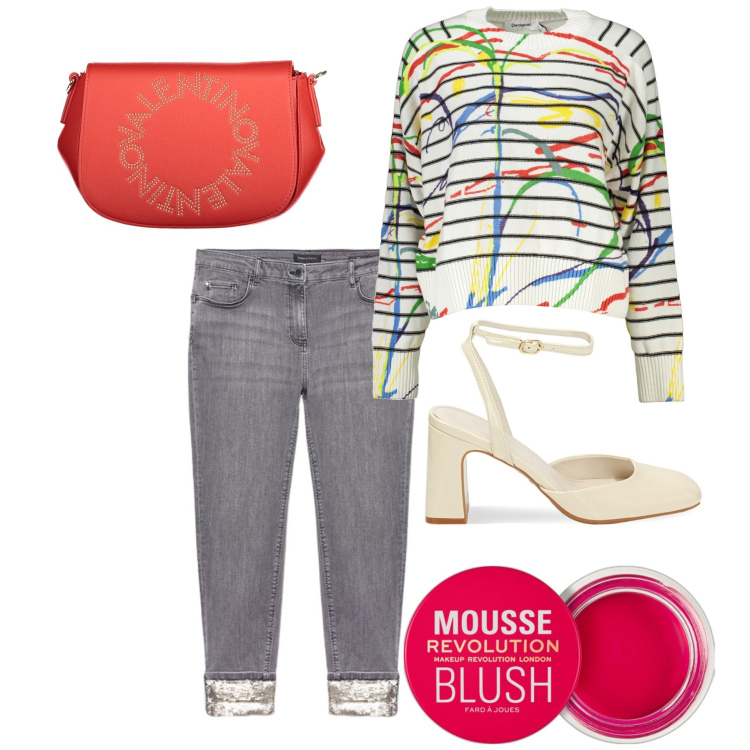 Outfit donna - Aprile. Stile Casual chic per Tutti i giorni. Abbinamento con blush, décolleté, maglieria, jeans skinny, borse a spalla.