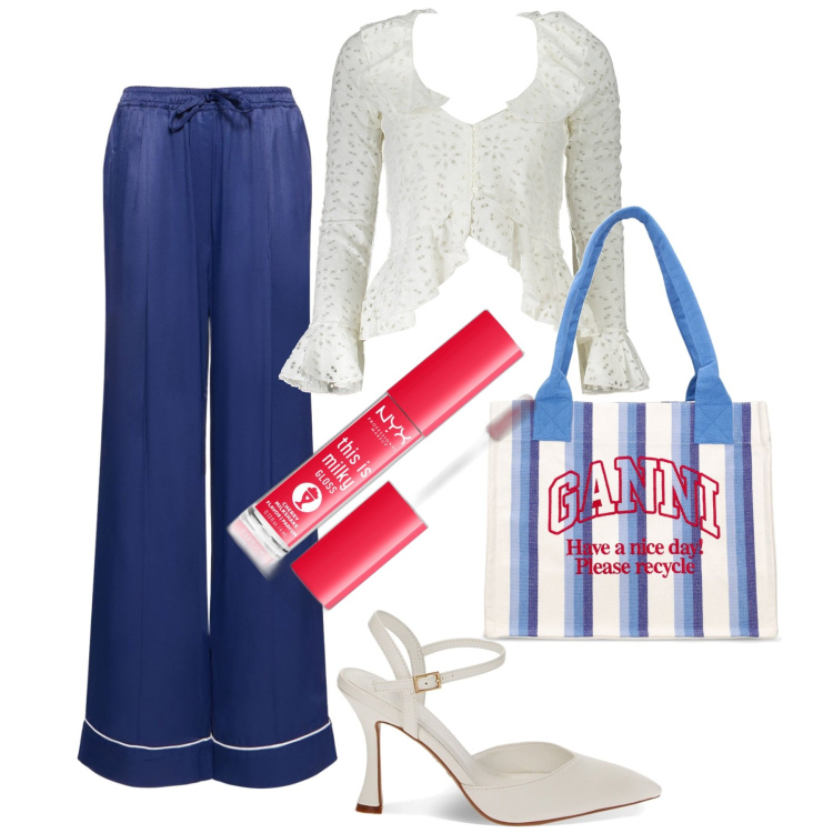 Outfit donna - Mixiamo. Stile Casual chic per Tutti i giorni. Abbinamento con gloss, décolleté, camicie, pantaloni, shopping bag.