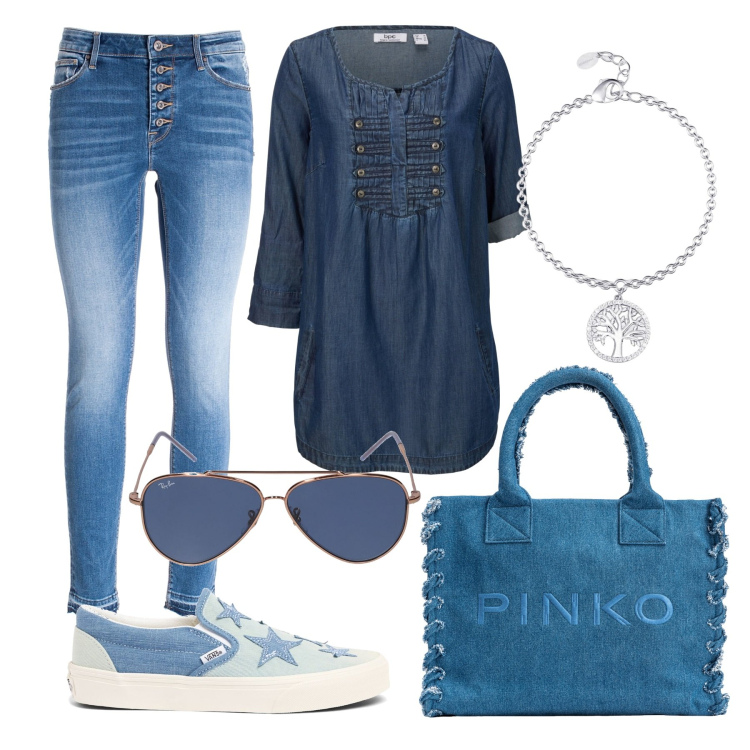 Outfit donna - Total look #1854130. Stile Casual per Tutti i giorni. Abbinamento con bluse, braccialetti con ciondoli, shopping bag, jeans skinny, occhiali da sole, sneakers.