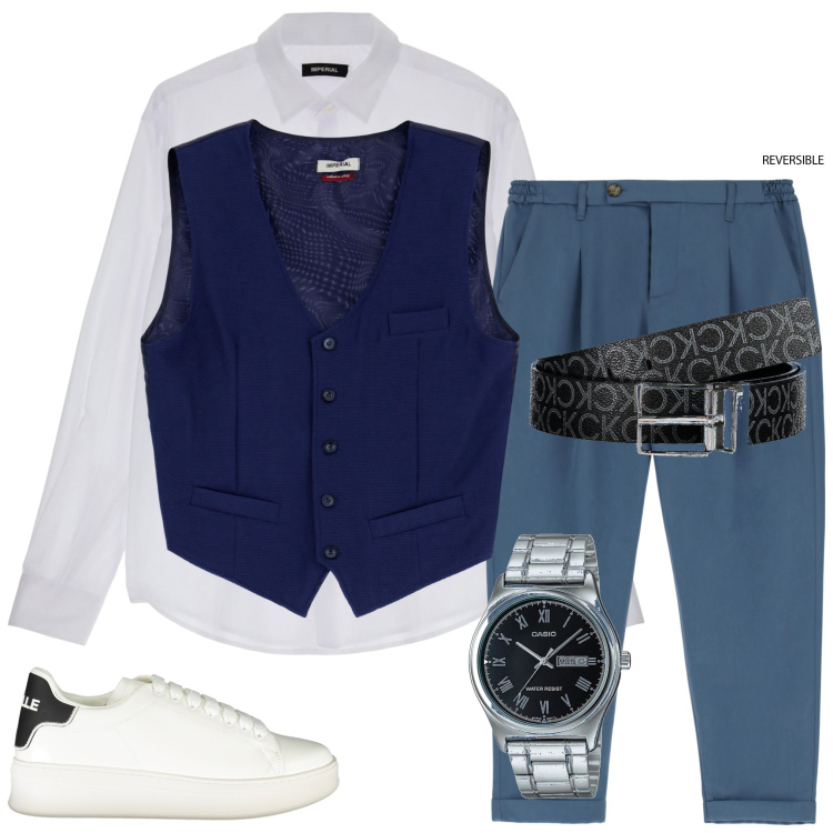 Outfit uomo - Ricevimento in campagna. Stile Trendy per Cerimonia. Abbinamento con orologi, gilet, camicie, pantaloni, scarpe sportive, cinture.