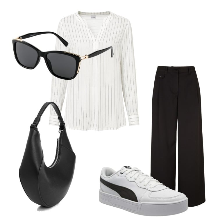 Outfit femme - Tenue pour un après-midi en centre-ville. Style Minimal pour Tous les jours. Assortir avec pantalon , lunettes de soleil, tuniques, sneakers, sacs à l'épaule.