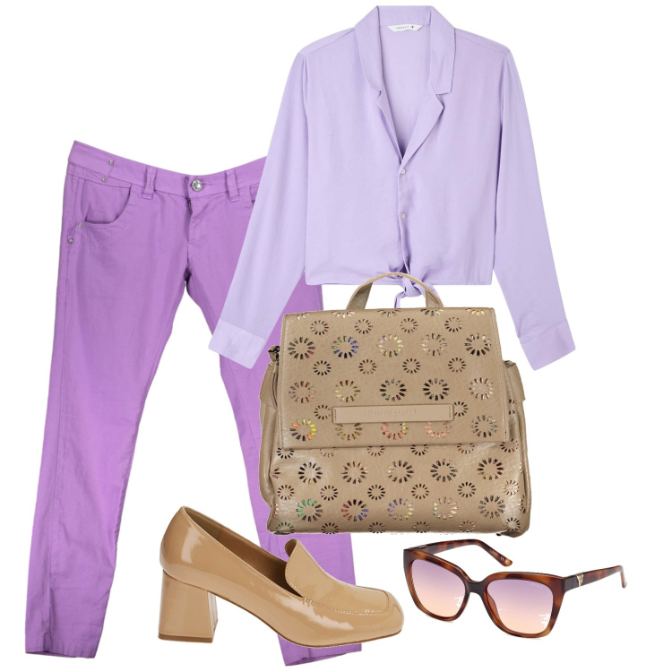Outfit donna - Glicine. Stile Casual per Tutti i giorni. Abbinamento con camicie, mocassini, occhiali da sole, zaini, pantaloni.