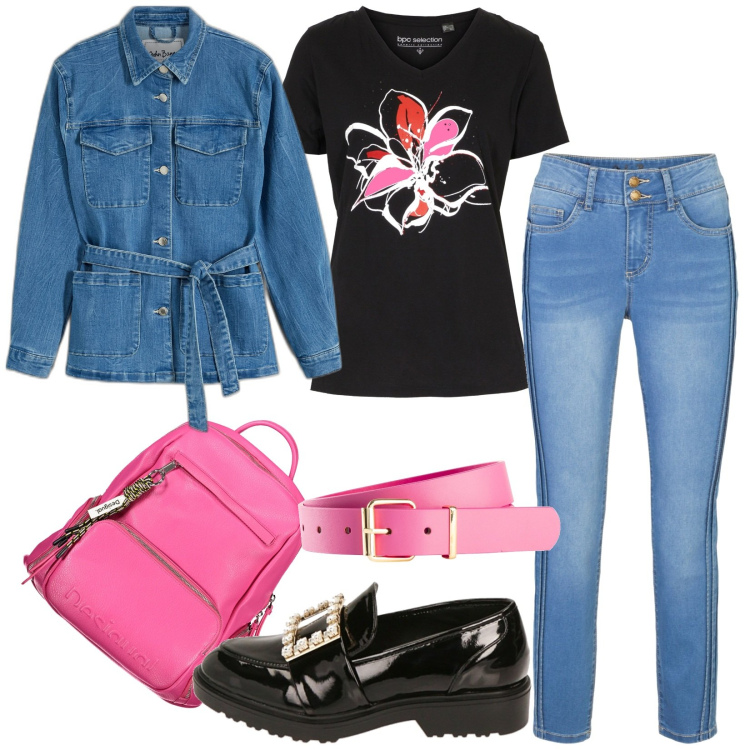Outfit donna - Abbigliamento di jeans moda attuale. Stile Casual per Tutti i giorni. Abbinamento con t-shirt, cinture, jeans skinny, blazer, mocassini, zaini.