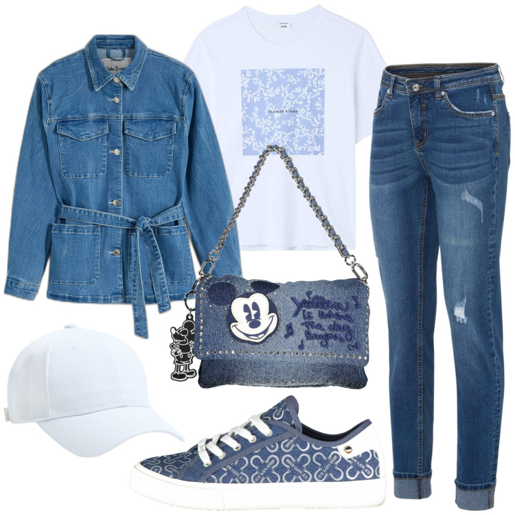 Outfit donna - Total look #1854159. Stile Casual per Tutti i giorni. Abbinamento con jeans, blazer, cappelli, t-shirt, scarpe sportive, borse a spalla.