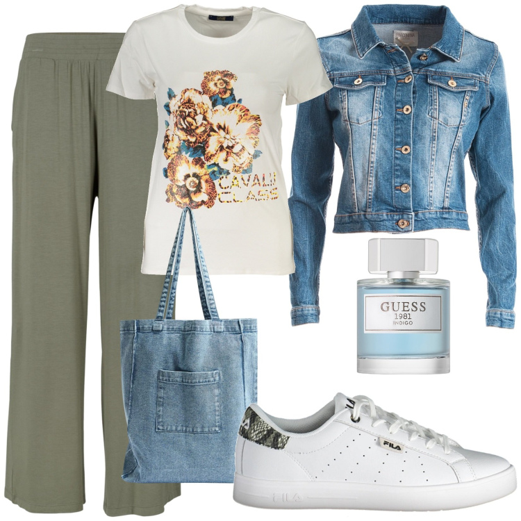Outfit donna - Total look #1854168. Stile Casual per Tutti i giorni. Abbinamento con pantaloni, profumi, shopping bag, blazer, t-shirt, scarpe sportive.