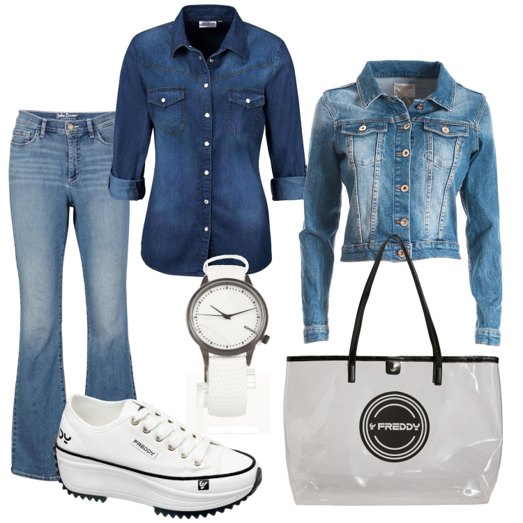 Outfit donna - Denim e white. Stile Casual per Scuola/Università. Abbinamento con orologi, camicie, jeans bootcut, blazer, shopping bag, sneakers.