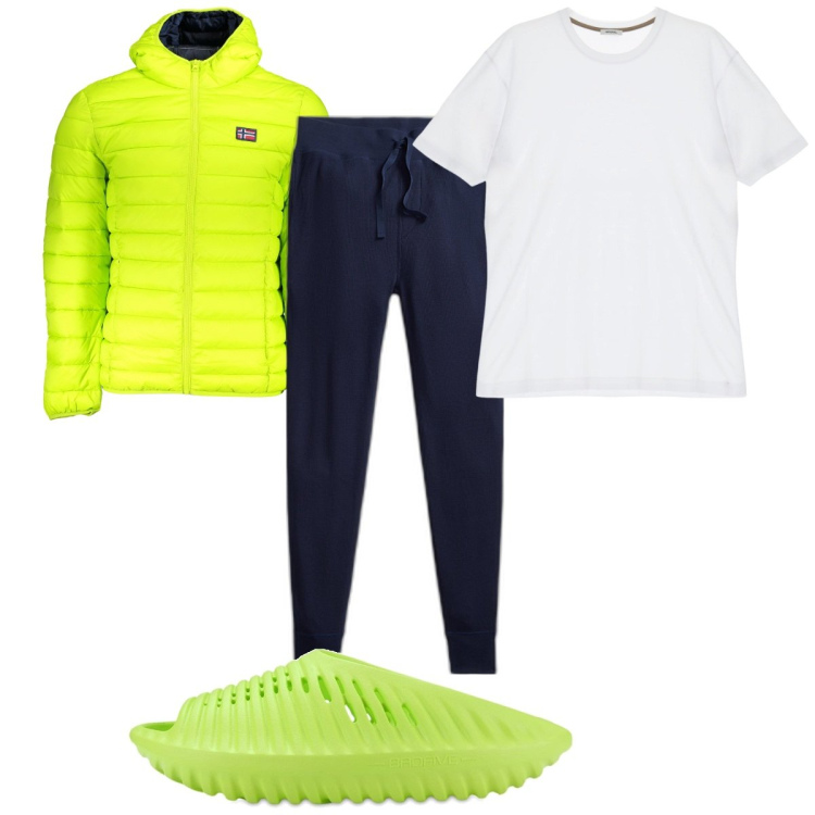 Outfit uomo - Total look #1854179. Stile Trendy per Sport. Abbinamento con t-shirt, pantaloni, sandali, giacche.