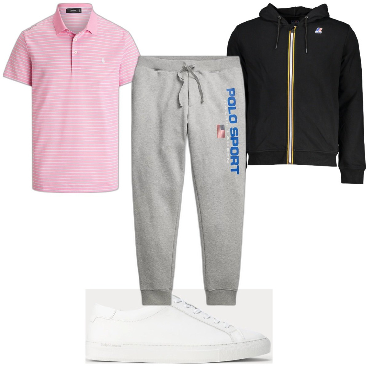 Outfit uomo - Total look #1854183. Stile Trendy per Sport. Abbinamento con sneakers, pantaloni, polo, felpe con cappuccio.