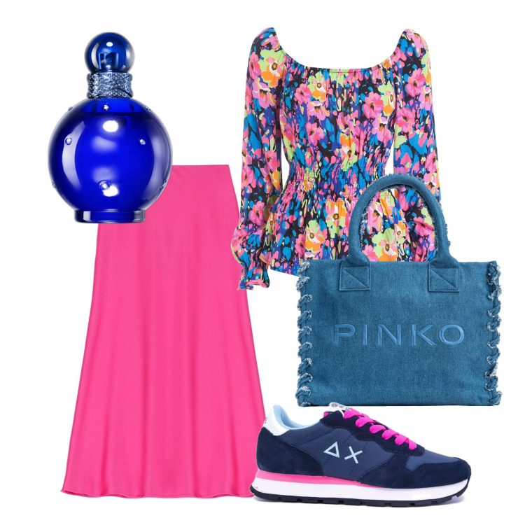 Outfit donna - Sneakers in città. Stile Trendy per Tutti i giorni. Abbinamento con profumi, shopping bag, bluse, gonne longuette, sneakers.