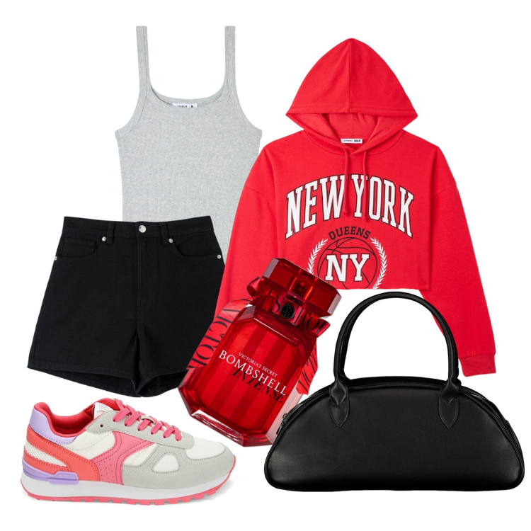 Outfit donna - Shorts & sneakers. Stile Urban per Tutti i giorni. Abbinamento con felpe con cappuccio, shorts, canottiere, profumi, sneakers, borse a spalla.