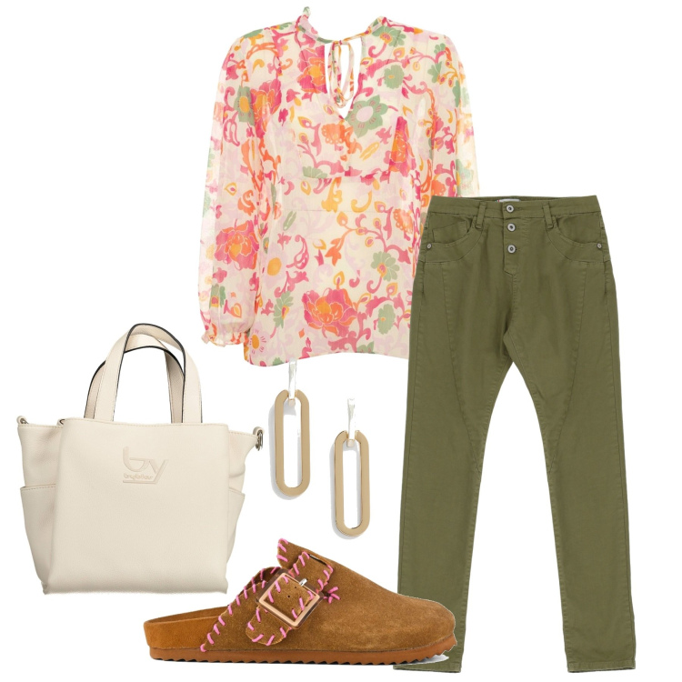 Outfit donna - Fiori caldi. Stile Casual chic per Tutti i giorni. Abbinamento con pantaloni, orecchini, sabot, bluse, borse a spalla.