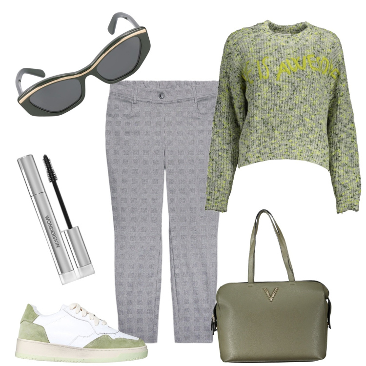 Outfit donna - Verde e grigio. Stile Casual per Tutti i giorni. Abbinamento con mascara, sneakers, maglieria, pantaloni skinny, occhiali da sole, borse a spalla.