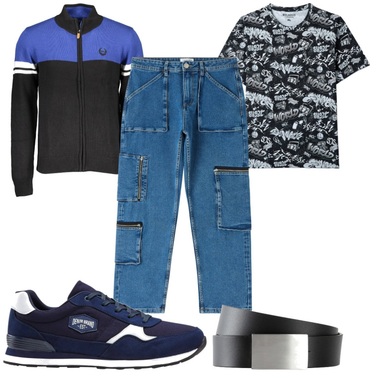 Outfit uomo - Total look #1854255. Stile Trendy per Tutti i giorni. Abbinamento con sneakers, cinture, jeans, t-shirt, cardigans.