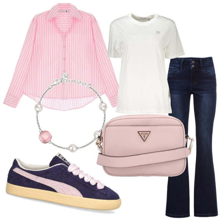 Outfit donna - Colorful sneakers. Stile Casual chic per Tutti i giorni. Abbinamento con jeans bootcut, braccialetti, camicie, sneakers, borse a tracolla, t-shirt.