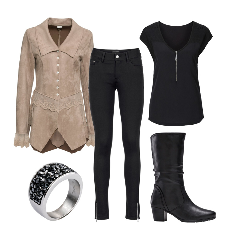 Outfit donna - Total look #1854295. Stile Casual chic per Serata fuori. Abbinamento con pantaloni, t-shirt, stivali, blazer, anelli.