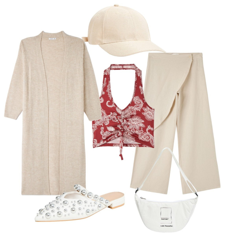 Outfit donna - Domenica al mare. Stile Minimal per Tutti i giorni. Abbinamento con ballerine, cappelli, marsupi, cardigans, pantaloni, top.