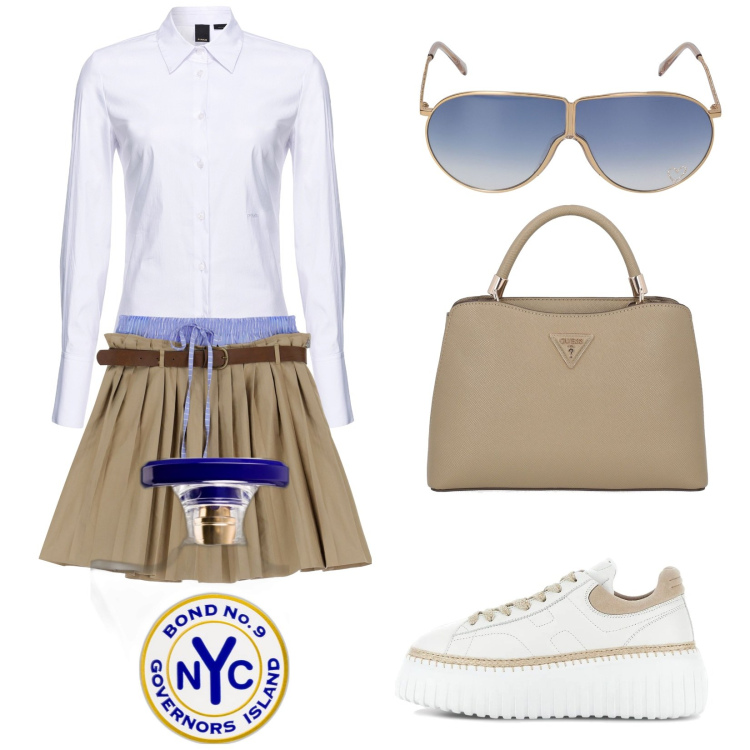 Outfit donna - NY. Stile Trendy per Tutti i giorni. Abbinamento con profumi, camicie, minigonne, sneakers, occhiali da sole, borse a mano.