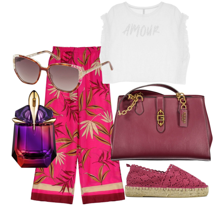 Outfit donna - Una giornata perfetta. Stile Casual chic per Tutti i giorni. Abbinamento con profumi, pantaloni, t-shirt, espadrillas, borse a spalla, occhiali da sole.