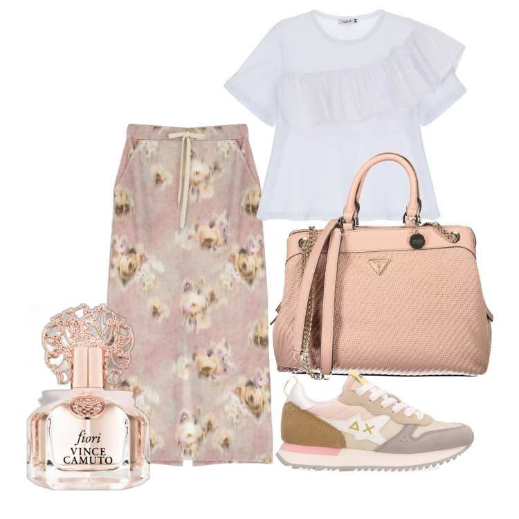 Outfit donna - Sneakers romantiche. Stile Romantica per Tutti i giorni. Abbinamento con profumi, t-shirt, gonne lunghe, sneakers, borse a spalla.