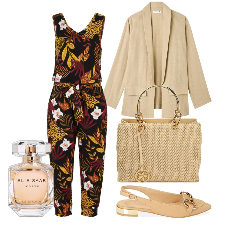 Outfit donna - Fiori tropicali. Stile Casual chic per Tutti i giorni. Abbinamento con tute, profumi, blazer, borse a mano, ballerine.