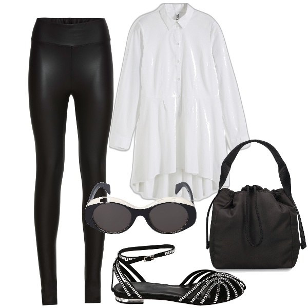 Outfit donna - Leggings e ballerine in primavera. Stile Trendy per Tutti i giorni. Abbinamento con camicie, treggings, ballerine, occhiali da sole, borse a mano.
