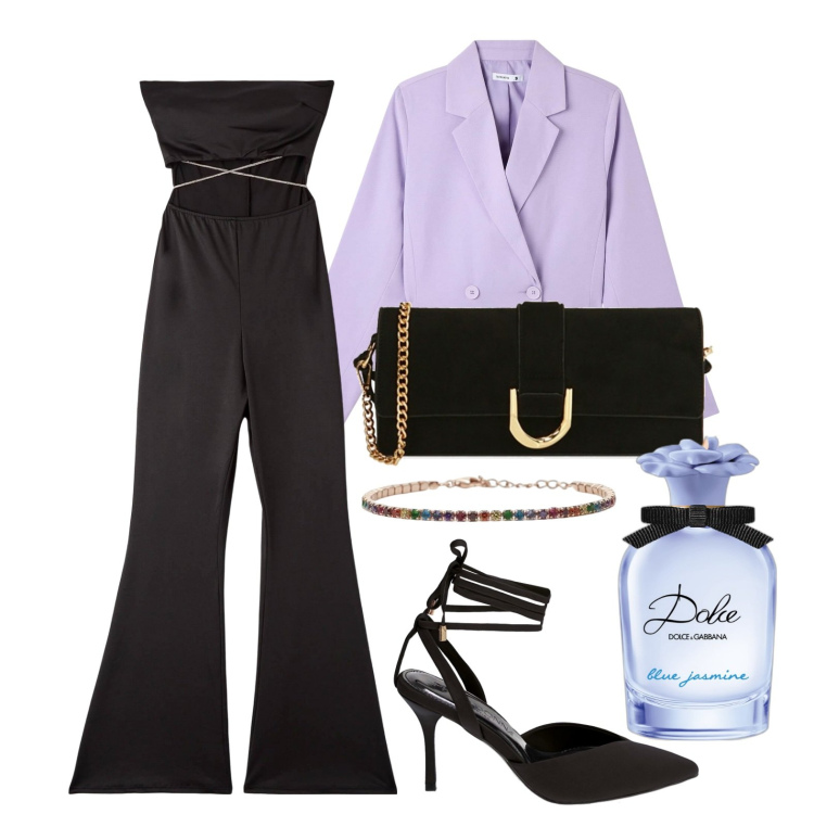 Outfit donna - Per una cena romantica. Stile Trendy per Serata fuori. Abbinamento con profumi, tute, blazer, braccialetti, pochette, décolleté.