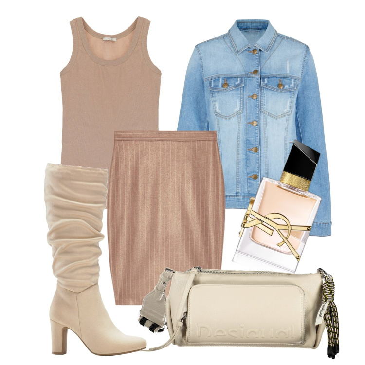Outfit donna - Stivali primaverili. Stile Trendy per Tutti i giorni. Abbinamento con blazer, stivali sopra il ginocchio, profumi, top, gonne, borse a spalla.