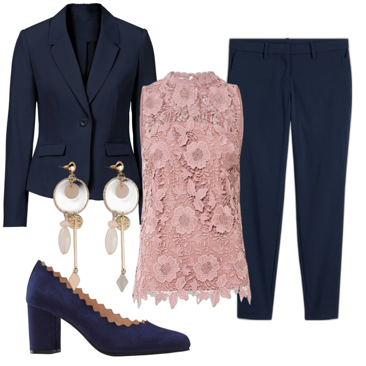 Outfit donna - Wedding time. Stile Chic per Cerimonia. Abbinamento con pantaloni, blazer, orecchini, top, décolleté.
