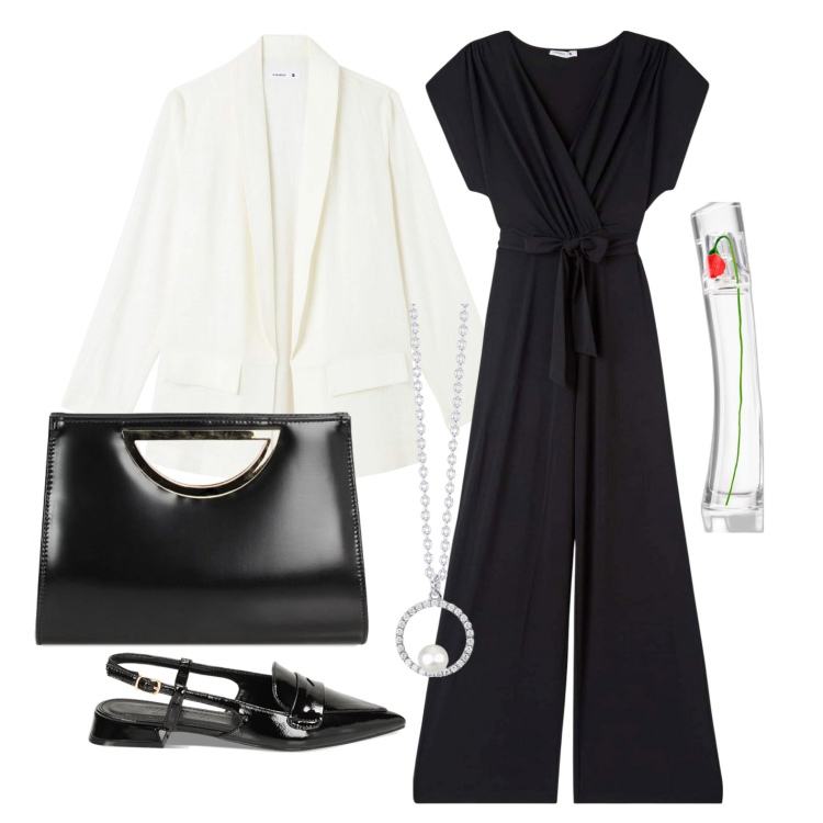 Outfit donna - Bianco e nero sempre chic. Stile Casual chic per Tutti i giorni. Abbinamento con profumi, tute, blazer, collane, ballerine, pochette.