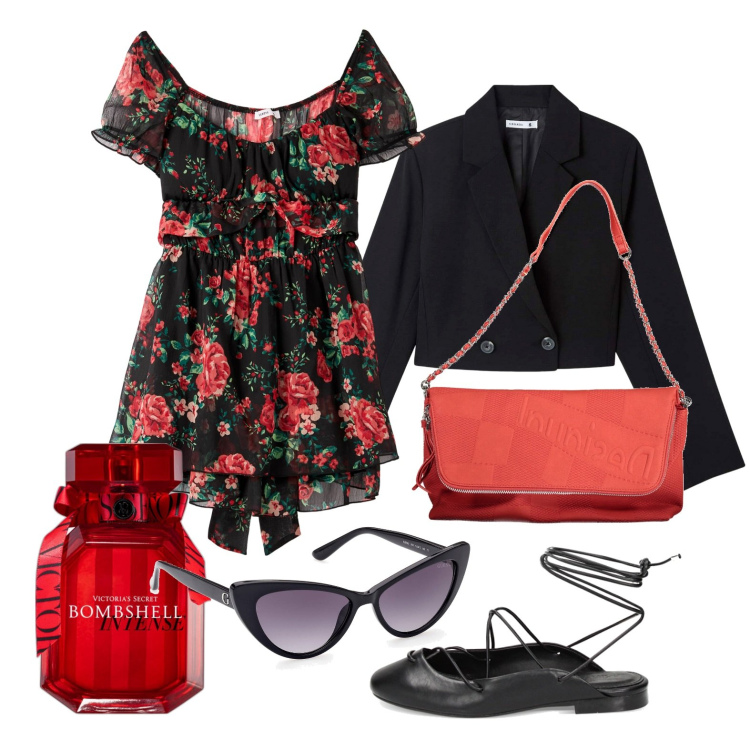 Outfit donna - Ballerina super trendy. Stile Glamour per Tutti i giorni. Abbinamento con tuta corta, blazer, profumi, ballerine, borse a mano, occhiali da sole.