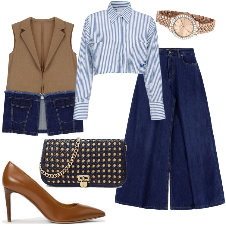 Outfit donna - Total look #1854367. Stile Casual chic per Tutti i giorni. Abbinamento con orologi, gilet, camicie, jeans, décolleté, borse a spalla.