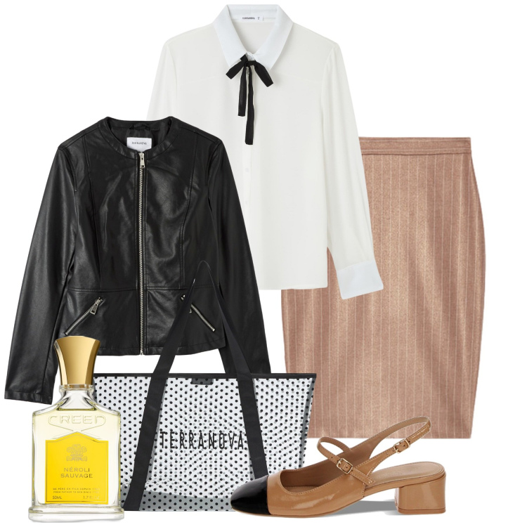 Outfit donna - In ufficio col fiocco. Stile Bon Ton per Ufficio. Abbinamento con profumi, blazer, shopping bag, camicie, décolleté, gonne.
