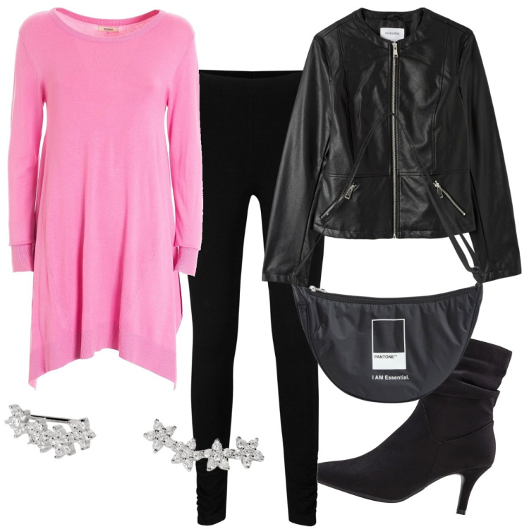 Outfit donna - Il vestito rosa un po\' rock. Stile Rock per Serata fuori. Abbinamento con leggings, stivaletti, marsupi, blazer, orecchini, vestiti asimmetrici.