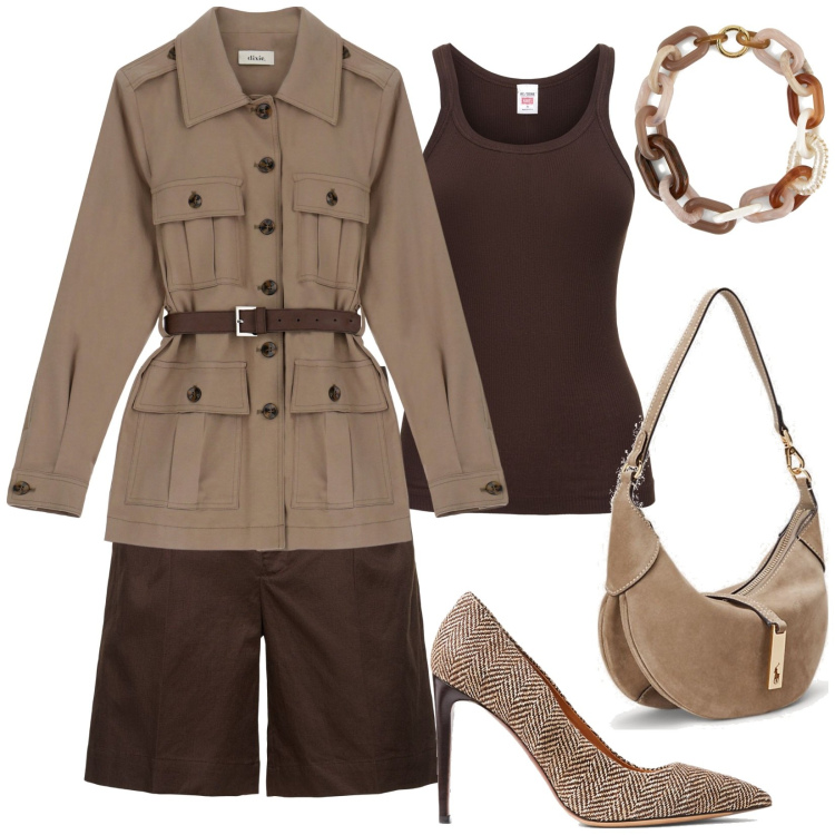Outfit donna - Grintosa in stile Safari. Stile Casual chic per Tutti i giorni. look ideale per Tall. Abbinamento con borse a spalla, décolleté, blazer, canottiere, shorts, collane.
