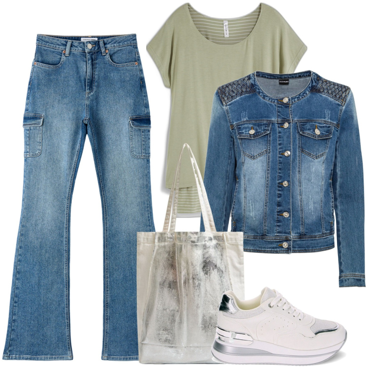 Outfit donna - Total look #1854382. Stile Trendy per Tutti i giorni. Abbinamento con maglieria, blazer, shopping bag, jeans a zampa, sneakers.